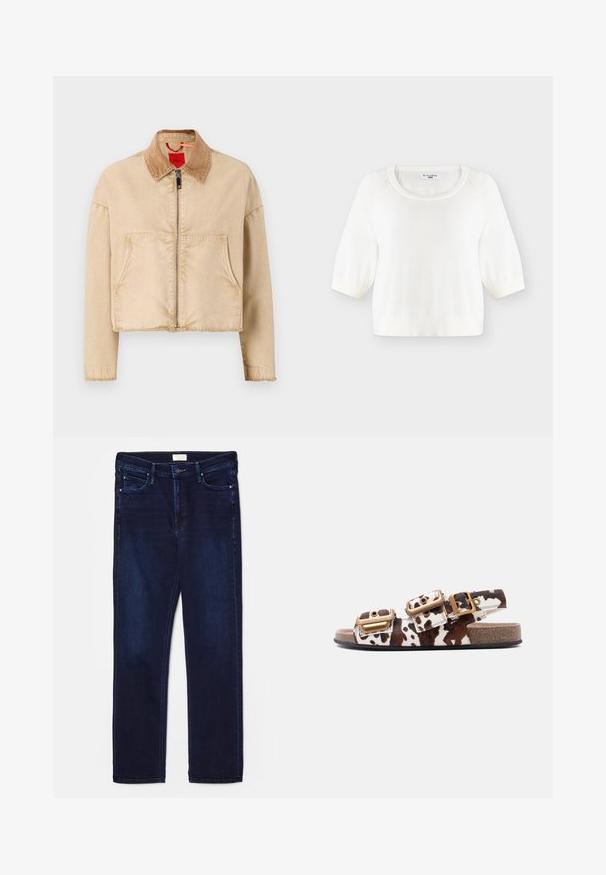 Beige cropped Jacke mit einem Cordkragen, Reißverschluss vorne und zwei großen Taschen; hat eine glatte Textur und einen fransigen Saum.; Weißer kurzärmeliger Strickpullover mit rundem Ausschnitt und gerippten Bündchen, flach auf hellem Hintergrund präsentiert.; Dunkelblaue Denim-Jeans im Slim-Fit mit fünf Taschen, gesteppten Akzenten und geradem Bein. Mit Knopf- und Reißverschluss.; Offene, flache Sandale mit braun-weißem Kuhfleckenmuster, zwei großen goldenen Schnallen an den Riemen und einer Korksohle.