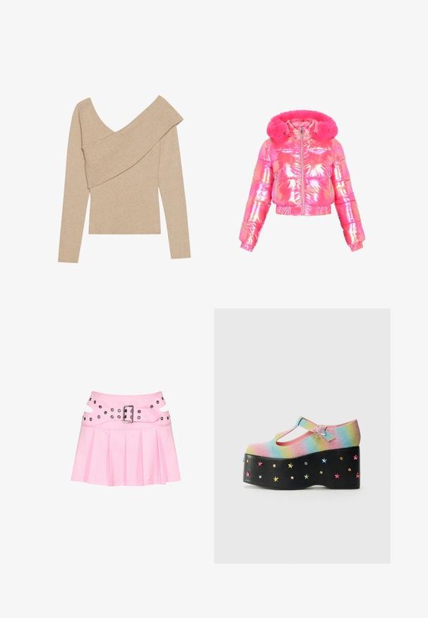 Skinnende, kort puffjakke i gradient pink, med hætte af imiteret pels, lynlås foran og sidelommer med lynlås. Glat, oppustet tekstur.; Even&Odd Striktrøje - mottled beige; Pink plisseret mini nederdel med bred dobbeltlagret linning, sølvspænde og flere nitter til fastgørelse og dekoration.; Glitrende regnbue-platformsko med T-stropp, prydet med en stjernesformet spænde og multicolor stjernestuds på en sort bund.