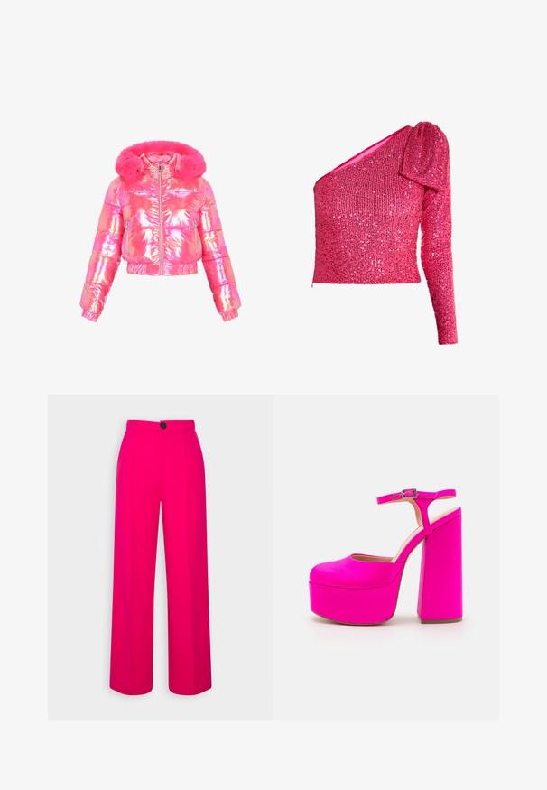 Skinnende, kort puffjakke i gradient pink, med hætte af imiteret pels, lynlås foran og sidelommer med lynlås. Glat, oppustet tekstur.; Lyserød paljetetop med et asymmetrisk design, en langærmet og et pufærme, tekstureret med glitrende detaljer.; Fuchsia brede bukser med høj talje, frontfald og en enkelt sort knaplukning. Glat tekstur og skræddersyet design.; Walk London PHEONIX CLOSED TOE PLATFORM - Højhælede pumps - pink