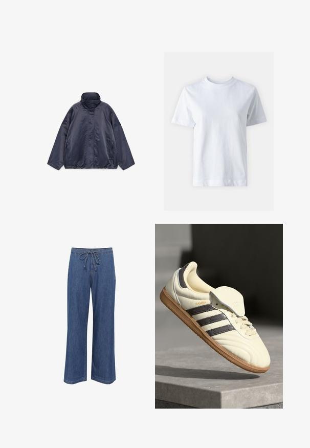 ARKET LIGHTLY PADDED - Overgangsjakke - dark blue; Hvid bomulds t-shirt med rund halsudskæring, korte ærmer, lige snit og glat tekstur. Ingen mønstre eller dekorationer.; Denim bukser med bred ben og snoreliv, i en mellemblå farve, lige pasform og diskrete sømdetaljer.; Cremefarvede lædersneakers med tre mørke striber, en brun gummisål og en afrundet tå. Har en foldbar tunge mærket "SAMBA."