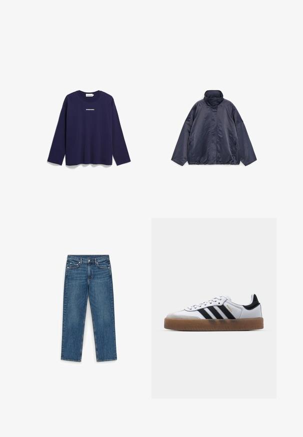 ARKET LIGHTLY PADDED - Jas - dark blue; Marineblauwe longsleeve t-shirt van katoen, met een ronde hals en een klein wit "ARMEDANGELS" logo op de borst.; Blauwe spijkerbroeken met rechte pijpen, voorzien van een knoop- en ritssluiting aan de voorkant, vijf zakken en contrasterende stiksels op een witte achtergrond.; Witte leren sneakers met zwarte strepen, gumrubberen buitenzool, ronde neus, vetersluiting en een zachte grijze suède neuskap.