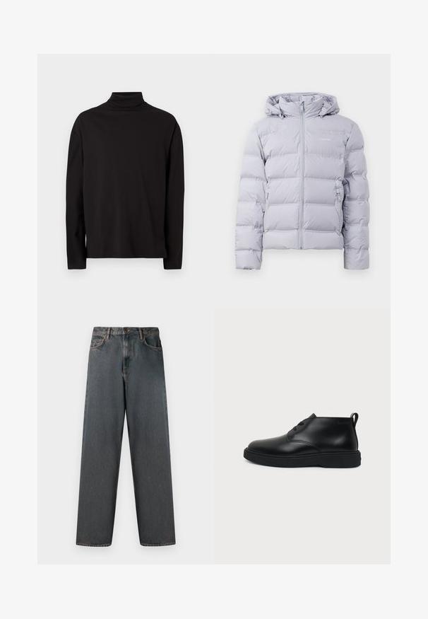 Lys grå pufferjakke med hætte, lodret quiltning, frontlynlås og sidelommer. Glat tekstur og minimalistisk design.; Sort turtleneck langærmet top lavet af blød, glat stof med løs pasform og uden synlige mønstre eller detaljer.; Mørkegrå denimjeans med lige ben, fem lommer og en knap- og lynlås-lukning. Stofmet har diskret falming og syninger.; Sort læder ankelhøj snørestøvle med tyk gummisål og trækskede ved hælen, vist i sideprofil på en ensfarvet baggrund.