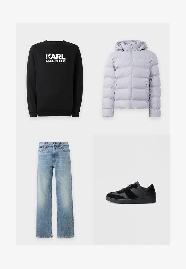 Lys grå pufferjakke med hætte, lodret quiltning, frontlynlås og sidelommer. Glat tekstur og minimalistisk design.; Sort sweatshirts lavet af bomuld, med rund halsudskæring og ribbede manchetter. Den har et hvidt grafisk logo på forsiden.; Lyseblå denim jeans med lige ben, højt talje, fem lommer, knaplukning og diskrete falmede områder på lår og knæ.; Sorte sneakers med en kombination af glat læder og ruskind, med en tekstureret sort gummisål og subtil stripingdetalje.