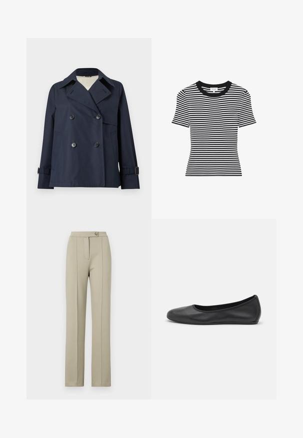 Veste bleu marine à double boutonnage avec larges revers, détails à boutons, poches latérales et poignets à lanières réglables.; Haut court à manches courtes tricoté à rayures horizontales noires et blanches, col rond côtelé et silhouette ajustée.; Pantalons beiges ajustés avec une coupe droite, dotés d'une fermeture éclair à l'avant, d'un bouton unique et de plis délicats marqués sur le devant des jambes.; Ballerines en cuir noir avec un bout rond, texture lisse, détails de couture minimalistes et design de semelle flexible.