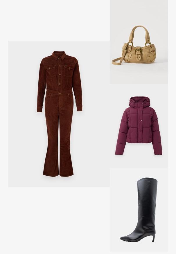 Paarse gewatteerde pufferjas met capuchon, knoopsluiting en lange mouwen, tentoongesteld op een witte achtergrond.; Bruine corduroy jumpsuit met een kraag, lange mouwen, flare benen, borstzakken en metalen knoopaccenten. Vlotte textuur en getailleerd ontwerp.; Zwarte leren laars tot aan de knie met een puntige neus en een slanke, hoge hak. Gladde textuur met minimale hardware en een merklogo vlak bij de bovenkant.; Beige leren handtas met dubbele handvatten, messing gesps en klinknagel details, en een verstelbare schouderriem tegen een witte achtergrond.