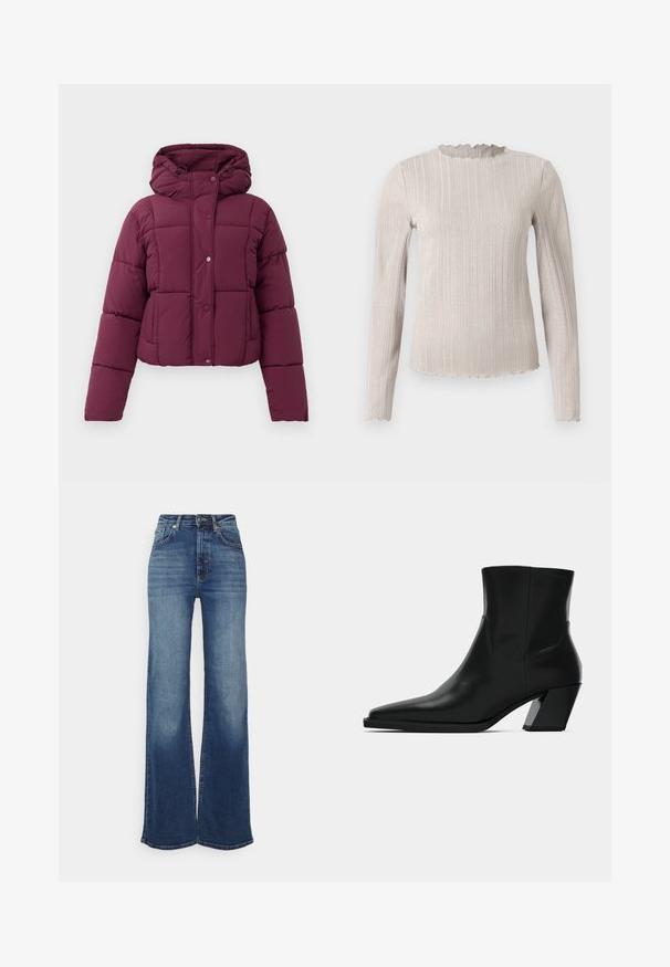 Lilla quiltet pufferjakke med hætte, trykknaplukning og lange ærmer, præsenteret på en hvid baggrund.; Langærmet top i lys beige med ribbet tekstur. Har en scalloped halsudskæring og en subtil glimmer gennem stoffet.; Bredde ben jeans i mellemblå denim. Højtaljede med en glat overflade, falmede foran og subtile syninger. Lukket i taljen med en knap.; Sortlæder ankelstøvle med spids tå, en slank silhuet og en kraftig firkantet hæl. Glat tekstur med minimale stikninger.