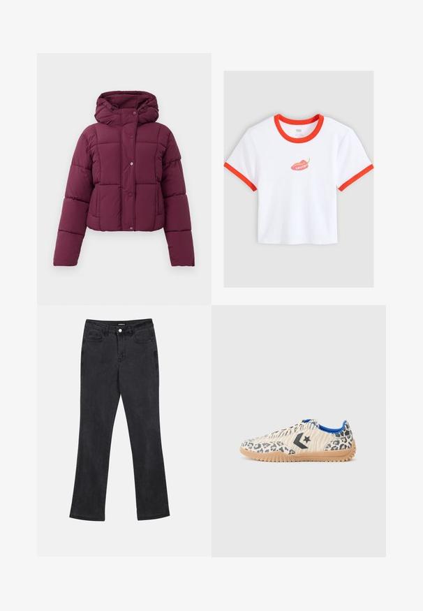 Chaqueta de plumas acolchada morada con capucha, cierre de botones a presión y mangas largas, exhibida sobre un fondo blanco.; Camiseta corta blanca con ribete rojo en el cuello y las mangas, con un gráfico de un chile rojo y el texto "Levi's" en el centro.; Vaqueros negros de pierna recta con bolsillos delanteros y traseros, pasadores para cinturón y cierre de botón en la cintura.; Zapatillas con estampado de leopardo, con un upper de tejido beige, interior azul y detalles grises, que cuentan con una suela de goma texturizada y un logo de estrella.