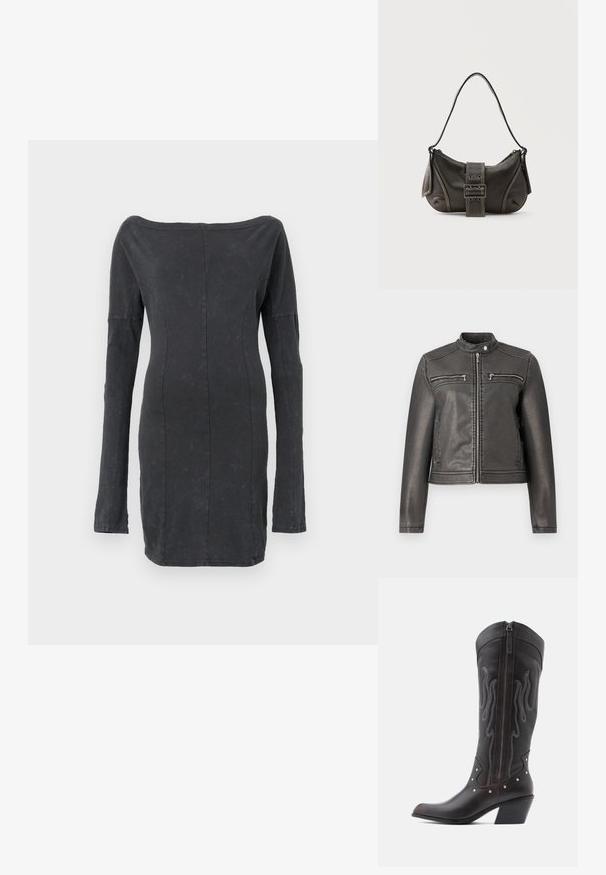 Sort faux læderjakke med høj krave, to lynlåslommer på brystet og en tætsiddende silhuet. Glat tekstur og minimalistisk design.; Sort, tætsiddende off-the-shoulder kjole med lange ærmer, har en glat tekstur og en subtil glans, med skræddersyede sømdetaljer gennem hele kjolen.; Brune læder cowboystøvler med flammebroderi, sidelukning med lynlås, sølvnitter, spids snude og lagdelt hæl.; Sort læder skuldertaske med spænde på remmen, afrundede kanter og kontrasterende hvide syninger på en ensfarvet baggrund.