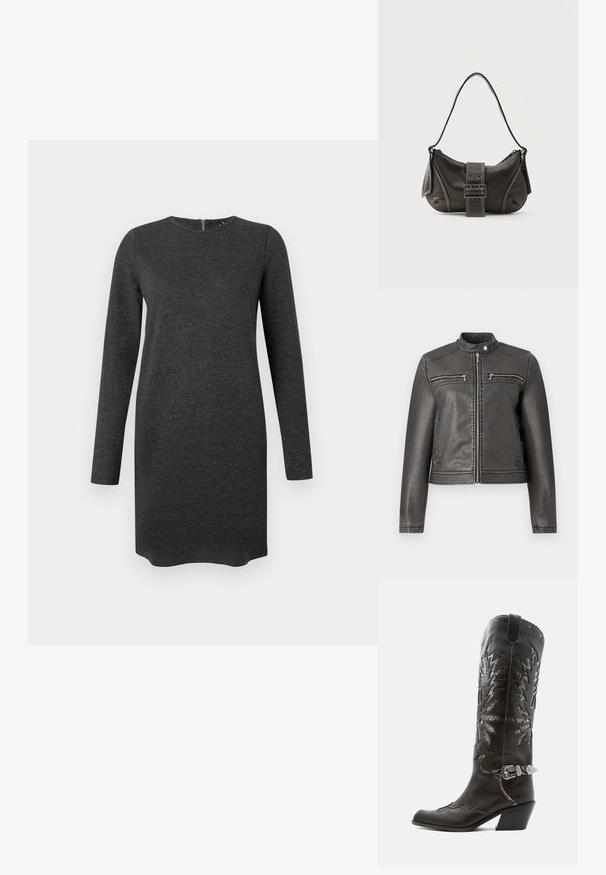 Sort faux læderjakke med høj krave, to lynlåslommer på brystet og en tætsiddende silhuet. Glat tekstur og minimalistisk design.; Langærmet grå kjole lavet af blødt stof med rund halsudskæring og en subtil tekstur, der har en lynlåsdetaile bagpå.; Sort læder cowboystøvle med dekorative udskæringer, sølvspænde og skrå hæl, vist på hvid baggrund.; Sort læder skuldertaske med spænde på remmen, afrundede kanter og kontrasterende hvide syninger på en ensfarvet baggrund.