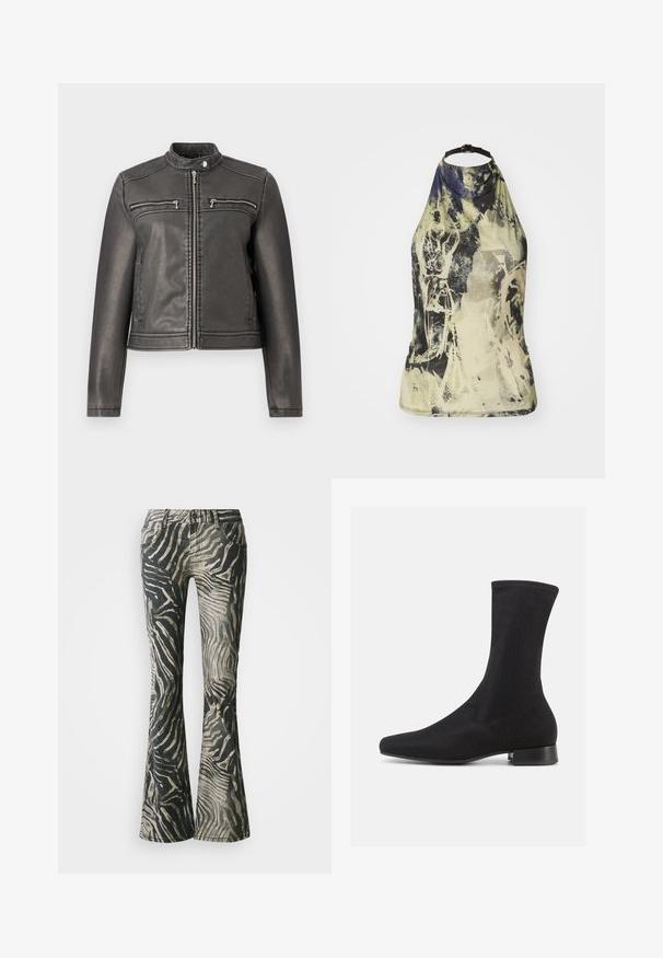Sort faux læderjakke med høj krave, to lynlåslommer på brystet og en tætsiddende silhuet. Glat tekstur og minimalistisk design.; Halter-neck top i et lyst, abstrakt print med grønne, gule og blå nuancer. Har en sort justerbar strop og et tætsiddende design.; Bredde jeans i et sort og beige zebra mønster, fremstillet af denim materiale, med fem-lomme design og synlige syninger.; Sort ankelstøvle med en glat, elastisk overdel og en lav, lagdelt hæl. Har en spids tå og et sømløst design.