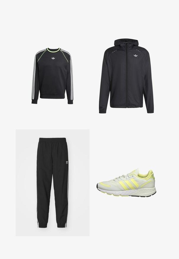 Čierna ľahká bunda s kapucňou, celý predný zips, elastické manžety a malé biele logo Adidas na ľavej strane hrudníka.; Čierna mikina s bielym trojpruhovým dizajnom na rukávoch a limetkovými akcentmi. Má okrúhly výstrih a malú nášivku na hrudi.; Čierne športové nohavice s elastickým pásom a manžetami, s bielymi bočnými pruhmi a malým bielym logom Adidas na ľavom boku.; Biele športové topánky s žltými akcentami, s hladkým vrchom, textúrovanou podrážkou a tromi pruhmi na boku pre branding.