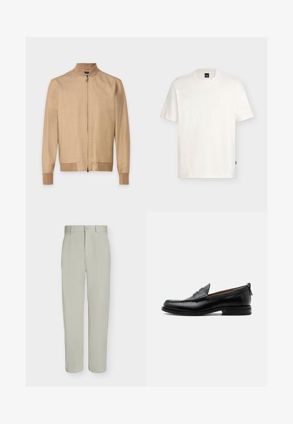 Veste bomber beige avec fermeture éclair à l'avant, col, poignets et ourlet côtelés, présentée sur un fond blanc uni.; T-shirt blanc à manches courtes avec col rond, logo embossé discret sur la poitrine et petite étiquette noire sur la couture latérale.; Pantalon beige clair à jambe droite, fermeture à bouton, passants de ceinture et plis sur le devant, présenté sur un fond blanc uni.; Mocassin homme en cuir noir avec couture moc toe, bride penny, col texturé et petit talon empilé sur fond blanc.
