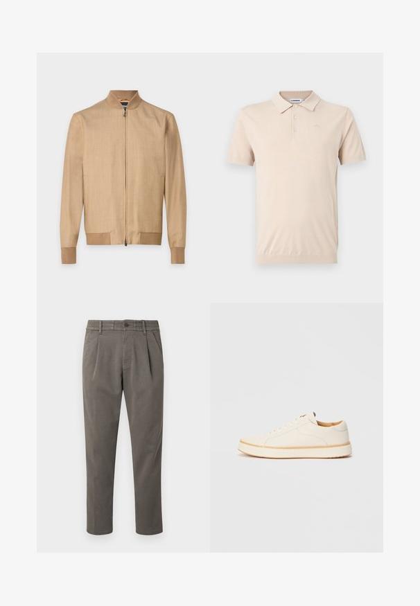 Veste bomber beige avec fermeture éclair à l'avant, col, poignets et ourlet côtelés, présentée sur un fond blanc uni.; Polo beige à manches courtes avec col, trois boutons et logo de marque discret sur le côté gauche de la poitrine sur un fond uni.; Pantalon gris ajusté en tissu lisse ; doté d'une fermeture à boutons, de passants pour ceinture et de deux plis à l'avant pour plus de détails.; Baskets en cuir blanc avec un bout rond, design simple à lacets, semelle intérieure rembourrée et semelle en caoutchouc beige contrastante. Texture lisse sur l'ensemble.