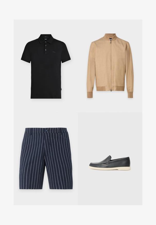 Beige bomberjakke med lynlås foran, ribbet krave, manchetter og kant, vist mod en ensfarvet hvid baggrund.; Sort slim-fit polo skjorte med tre knapper, korte ærmer og diskret "BOSS" logo på brystet og indersiden af kraven.; Marineblå shorts med hvide lodrette striber, knaplukning, bæltestropper og sidelommer på ensfarvet lys baggrund.; Sort læder slip-on loafer med beige sål, placeret i luften nær et metaltrådstativ til magasiner på en terrazzo-gulv.