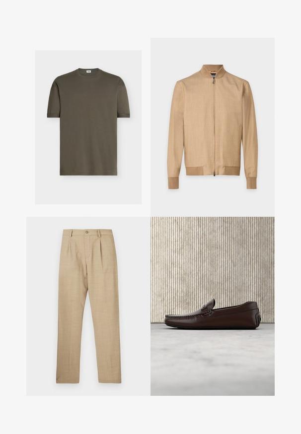 Veste bomber beige avec fermeture éclair à l'avant, col, poignets et ourlet côtelés, présentée sur un fond blanc uni.; T-shirt vert olive uni à manches courtes avec col rond et petite étiquette blanche à l'intérieur du col au dos.; Pantalon beige ajusté avec fermeture à boutons et fermeture éclair, passants pour ceinture et plis plats à l'avant, présenté à plat sur un fond blanc.; Mocassins en cuir marron avec une finition lisse, des coutures de style mocassin, un bout rehaussé et une semelle en caoutchouc basse et flexible.