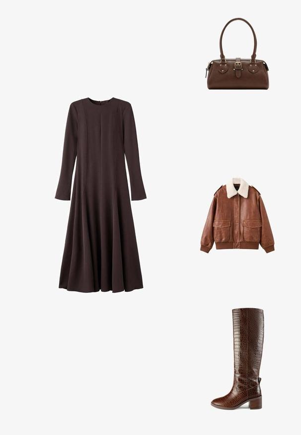 Veste aviateur en cuir marron avec un col en fausse fourrure blanche douce, deux poches avant, et des poignets et un ourlet côtelés. Texture lisse avec des coutures visibles.; Robe à manches longues de couleur brun foncé, fabriquée en tissu texturé avec un col rond, des coutures latérales et un ourlet évasé. Dispose d'une fermeture éclair au dos.; L37 SIMPLE LIFE - Bottes - brown; Sac à main en cuir marron avec deux poignées, une sangle centrale à boucle et des ferrures dorées, présenté sur fond blanc.