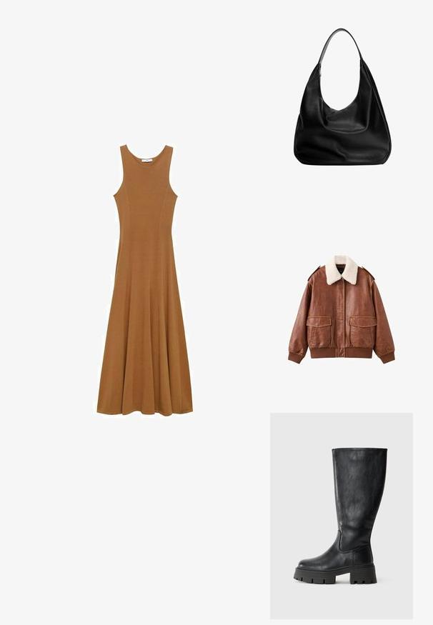 Veste aviateur en cuir marron avec un col en fausse fourrure blanche douce, deux poches avant, et des poignets et un ourlet côtelés. Texture lisse avec des coutures visibles.; Robe longue sans manches marron en tissu doux, dotée d'un corsage ajusté et d'une jupe évasée. Design simple sans motifs ni accents visibles.; Bottes noires montantes en cuir lisse avec une semelle épaisse et texturée et des détails de couture subtils le long du côté extérieur.; Sac hobo en cuir noir au design décontracté, avec une large bandoulière et une texture lisse. Dispose d'une fermeture éclair unique sur le côté.