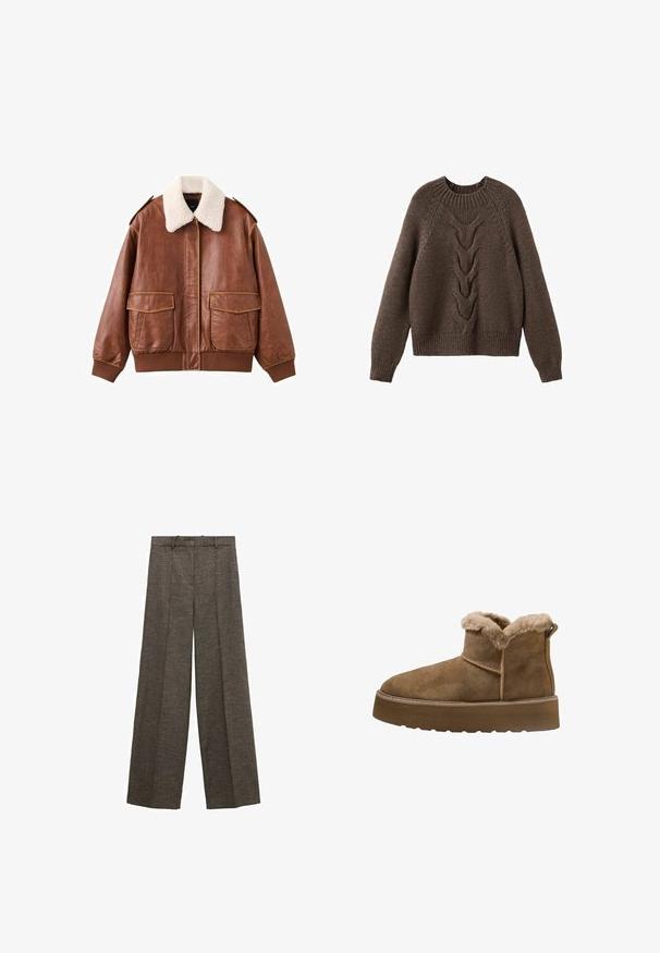 Veste aviateur en cuir marron avec un col en fausse fourrure blanche douce, deux poches avant, et des poignets et un ourlet côtelés. Texture lisse avec des coutures visibles.; Pull en tricot marron avec un col rond, des manches longues et un motif en torsades sur le devant. Ourlets et poignets côtelés.; Pantalon large marron avec plis à l'avant, passants de ceinture et tissu texturé.; Bottines en daim marron avec doublure en fausse fourrure, bout rond et semelle épaisse; elles présentent une couture et une lanière à l'arrière.