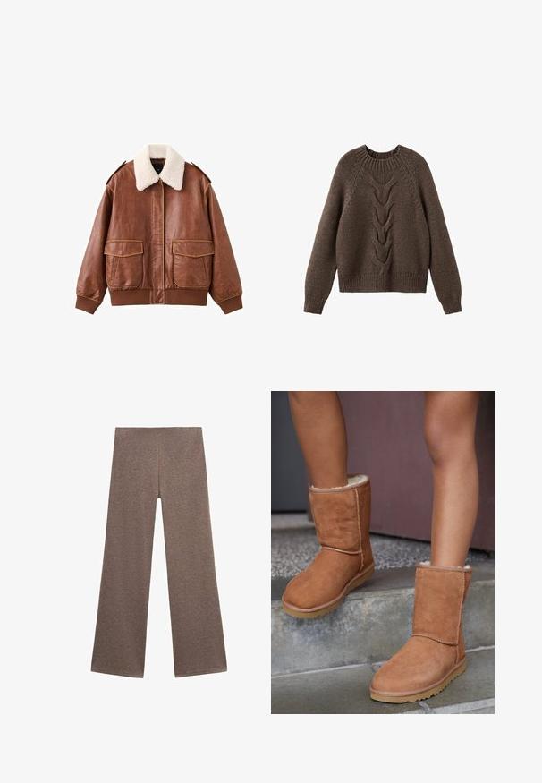Veste aviateur en cuir marron avec un col en fausse fourrure blanche douce, deux poches avant, et des poignets et un ourlet côtelés. Texture lisse avec des coutures visibles.; Pull en tricot marron avec un col rond, des manches longues et un motif en torsades sur le devant. Ourlets et poignets côtelés.; Pantalons larges marron en tissu doux et texturé. Le design présente une taille haute et une coupe ample, idéale pour un look décontracté.; Bottines en suede marron, à bout rond, avec une doublure douce et une semelle en caoutchouc, présentant des détails de couture visibles le long des coutures.