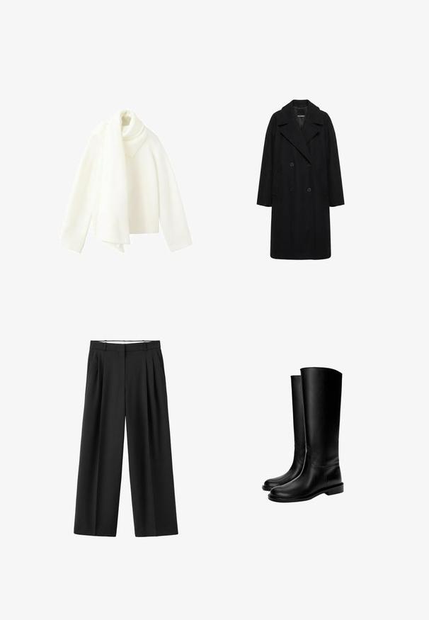 Long manteau noir croisé avec larges revers et deux poches latérales, présenté sur fond blanc.; Pull en maille blanc avec une longue écharpe assortie drapée autour du cou sur un fond blanc.; Pantalon noir à jambes larges avec plis devant, passants pour ceinture et fermeture avant dissimulée.; Bottes en cuir noires montant jusqu'au genou avec une texture lisse, bout rond, semelle plate et design minimaliste, comprenant des coutures cousues et aucun matériel visible.