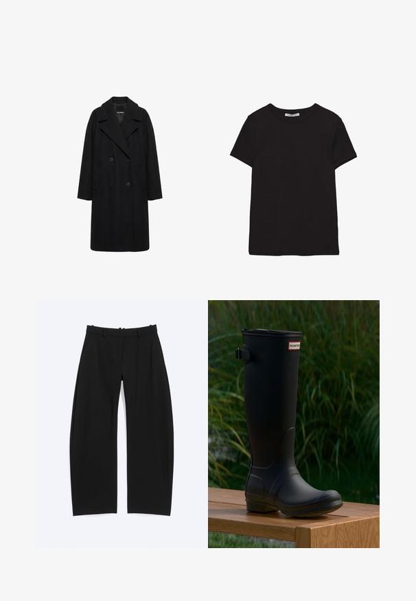 Schwarzer doppelreihiger langer Mantel mit breitem Revers und zwei Seitentaschen, vor weißem Hintergrund dargestellt.; Schwarzes, kurzärmliges Baumwoll-T-Shirt mit rundem Halsausschnitt, Standardpassform und sichtbarem innerem Nackenetikett.; Schwarze weite Hose mit Gürtelschlaufen und Seitentaschen, flach auf weißem Hintergrund ausgelegt.; Schwarzer Gummistiefel bis zum Knie mit runder Zehe, leichtem Absatz und einer Schnallenriemen. Auf der Vorderseite befindet sich das "HUNTER"-Logo.