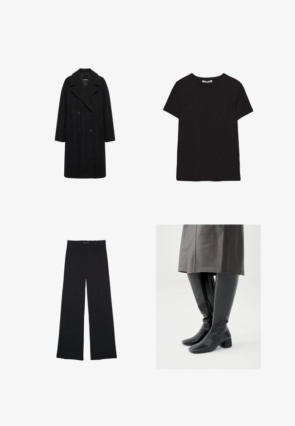 Long manteau noir croisé avec larges revers et deux poches latérales, présenté sur fond blanc.; T-shirt noir en coton à manches courtes avec encolure ronde, coupe standard et étiquette intérieure visible au niveau du col.; Pantalon noir à jambes larges avec passants de ceinture, bouton frontal et fermeture éclair, étalé à plat sur un fond blanc.; Bottes en cuir noir montant jusqu'au genou avec un bout carré, un talon bloc incliné et une fermeture éclair latérale ; texture lisse et design ajusté.