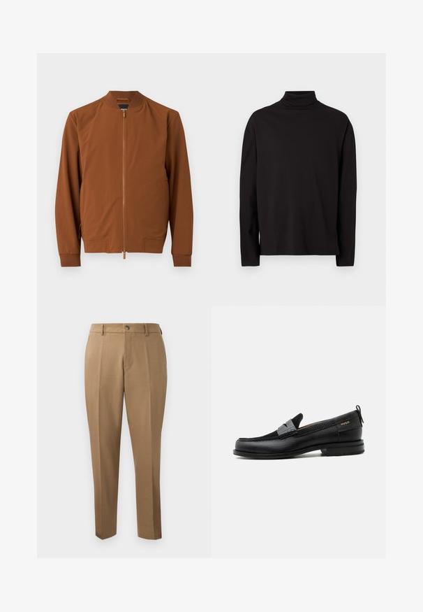 Blouson bomber marron en tissu lisse. Il comporte une fermeture éclair, un col côtelé, des poignets élastiques et deux poches latérales.; Haut à col roulé noir à manches longues en tissu doux et lisse, avec une coupe décontractée et sans motifs ni accents visibles.; Pantalons marron sur mesure avec une coupe droite, plis simples, passants de ceinture et fermeture à bouton sur le devant. Tissu lisse avec une texture mate.; Mocassin en cuir noir avec détail de bride grise, talon bas et semelle texturée, marqué "HUGO" en or sur le côté.