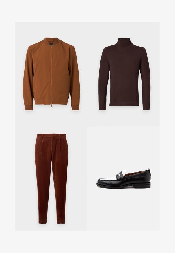 Brun bomberjakke lavet af glat stof. Har en lynlås lukning, ribbet krave, elastiske manchetter og to sidelommer.; Mørkebrun langærmet turtleneck-sweater med slim fit, vist på en ensfarvet hvid baggrund.; Brune corduroy bukser med lige pasform, featuring frontfolder, to sidelommer og en glat tekstur. Velegnet til afslappet brug.; Sort-hvid læderloafer med syning, lav hæl og slip-on design, vist fra siden på en ensfarvet baggrund.
