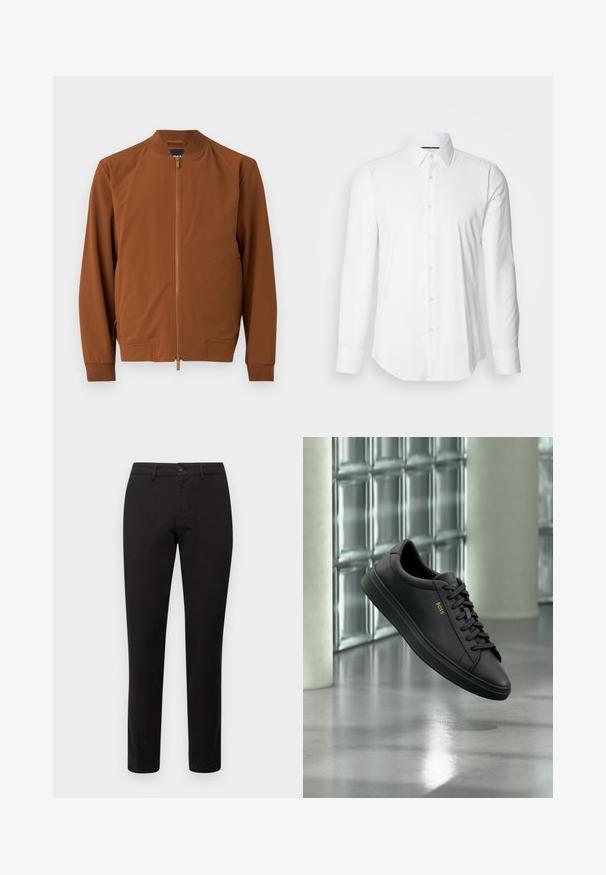 Blouson bomber marron en tissu lisse. Il comporte une fermeture éclair, un col côtelé, des poignets élastiques et deux poches latérales.; Chemise blanche à manches longues en tissu lisse, avec un col classique et une fermeture à boutons à l'avant, doté d'un ourlet arrondi. Les boutons ont une finition légèrement brillante.; Chino noir avec une coupe ajustée, en tissu mélangé coton. Doté d'une fermeture à bouton sur le devant et de cinq poches. Texture lisse, détails minimaux.; Baskets basses en cuir noir avec lacets noirs et logo BOSS doré sur le côté, flottant au-dessus d’un sol gris brillant dans un espace intérieur moderne.