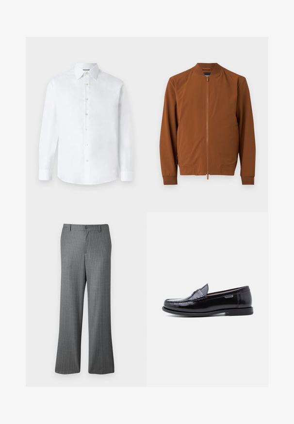 Chaqueta bomber marrón hecha de tela suave. Cuenta con cierre de cremallera, cuello de canalé, puños elásticos y dos bolsillos laterales.; Camisa blanca de manga larga con cuello clásico, cierre delantero de botones y dobladillo redondeado. Fabricada en suave algodón sin estampados.; Pantalones de rayas grises con un ajuste relajado, que presentan un cierre de botón, pasadores para cinturón y sutiles rayas azul claro en toda su superficie.; Mocasines de cuero negro con acabado brillante, que presentan un diseño cosido en la puntera y una suela baja de goma negra texturizada.