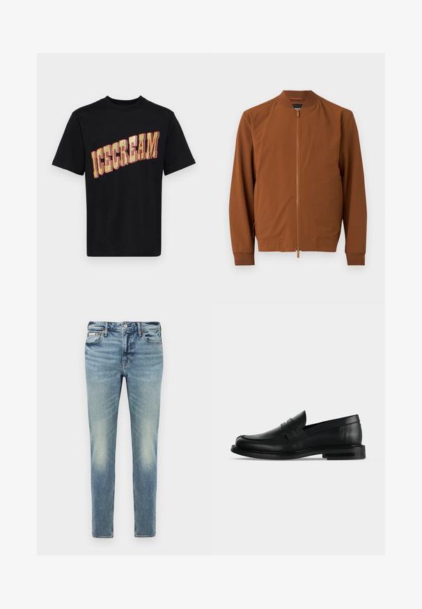 Chaqueta bomber marrón hecha de tela suave. Cuenta con cierre de cremallera, cuello de canalé, puños elásticos y dos bolsillos laterales.; Camiseta de algodón negra con un gran gráfico en negrita de "HELADO" en amarillo y rojo, con un diseño texturizado y patrón en las letras.; Vaqueros de mezclilla azul claro descoloridos con corte recto, diseño de cinco bolsillos, cierre de botón y detalles sutiles de desgaste en las piernas.; Mocasín penny negro de cuero para hombre con tacón bajo y apilado y puntera redondeada, mostrado de lado sobre un fondo gris claro.