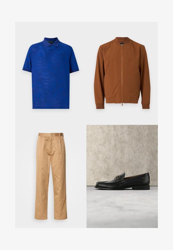 Chaqueta bomber marrón hecha de tela suave. Cuenta con cierre de cremallera, cuello de canalé, puños elásticos y dos bolsillos laterales.; Polo de manga corta en azul vibrante con un patrón texturizado de hojas de palma, con cuello y tapeta de tres botones. Tejido suave.; Pantalones caqui, mezcla de algodón, diseño de pierna recta, con pliegues delanteros, trabillas para cinturón y cierre de botón. Textura suave sin patrones.; Mocasín de cuero negro con pieza metálica dorada y logotipo "HUGO", exhibido sobre una alfombra beige y muebles translúcidos marrones.