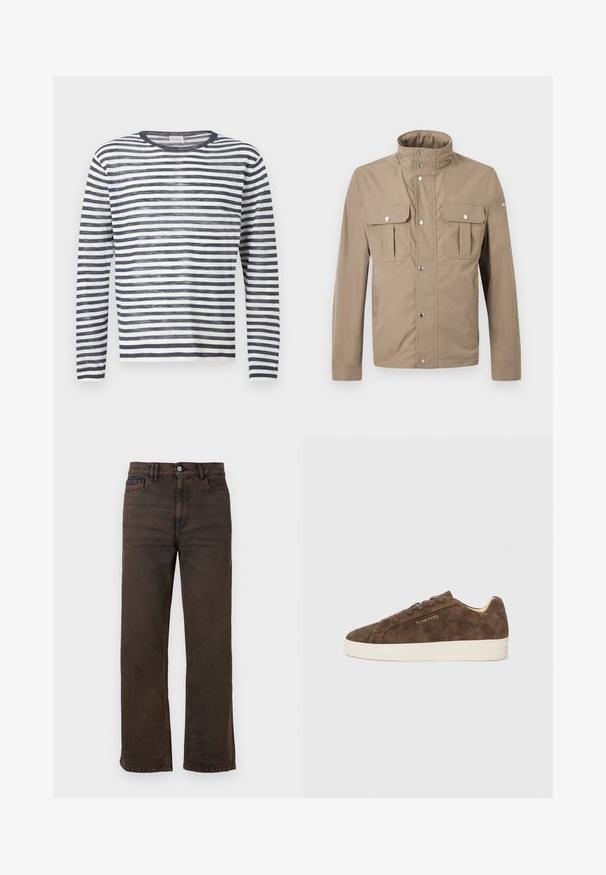 Veste beige pour homme avec col montant, boutons pression à l'avant, deux poches à rabat sur la poitrine avec boutons, et manches longues.; Pull en maille à manches longues et col rond avec des rayures horizontales bleu marine et blanches.; Jean marron foncé droit avec poches avant, passants de ceinture et fermeture à boutons sur fond uni.; Baskets en daim marron avec une silhouette basse, un bout arrondi et une semelle en caoutchouc blanc. Elles présentent des lacets foncés et un logo discret sur le côté.