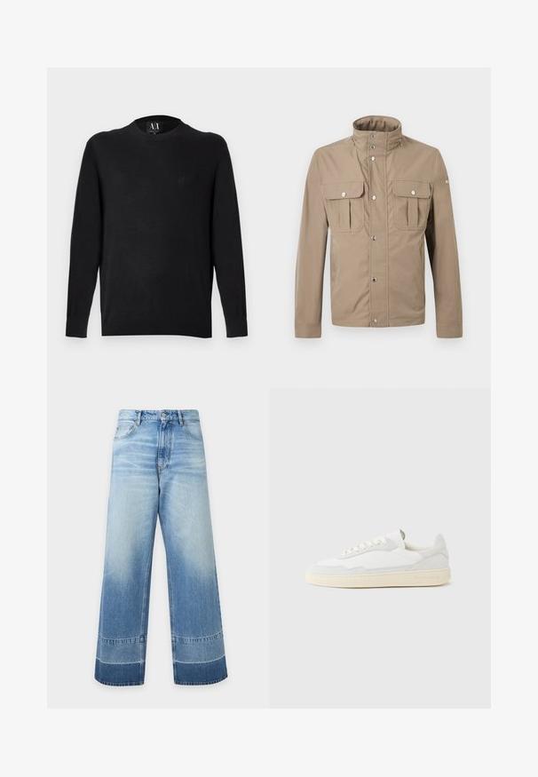Veste beige pour homme avec col montant, boutons pression à l'avant, deux poches à rabat sur la poitrine avec boutons, et manches longues.; Pull en maille noire à manches longues, col rond et poignets côtelés. Dispose d'un logo brodé sur la poitrine. Texture lisse.; Jean en denim bleu clair à coupe large avec des détails délavés et des blocs de couleur plus foncés près de l'ourlet, bouton devant et poches visibles.; Baskets blanches avec dessus en daim et cuir texturé. Caractérisées par un bout arrondi, une fermeture à lacets et une semelle en caoutchouc beige contrastante.