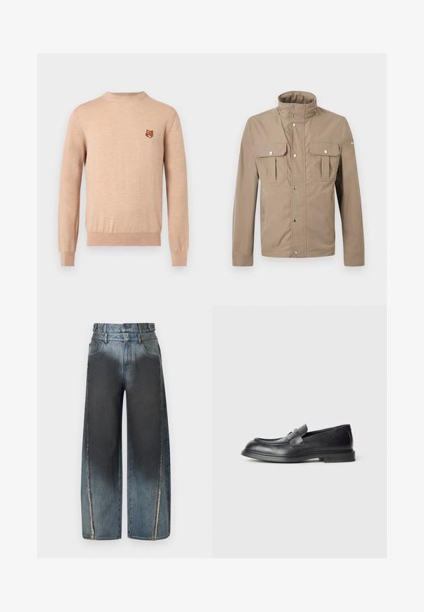 Veste beige pour homme avec col montant, boutons pression à l'avant, deux poches à rabat sur la poitrine avec boutons, et manches longues.; Pull beige à manches longues avec col rond, poignets et ourlet côtelés, arborant un petit emblème de tête de renard orange sur le côté gauche de la poitrine.; Jean bleu à jambes larges avec des taches délavées plus foncées sur le devant et des coutures verticales effilochées sur les jambes extérieures.; Mocassins en cuir noir avec une finition texturée, dotés d'une bride décorative à l'avant et d'un bout arrondi. Semelle en caoutchouc pour plus de durabilité.