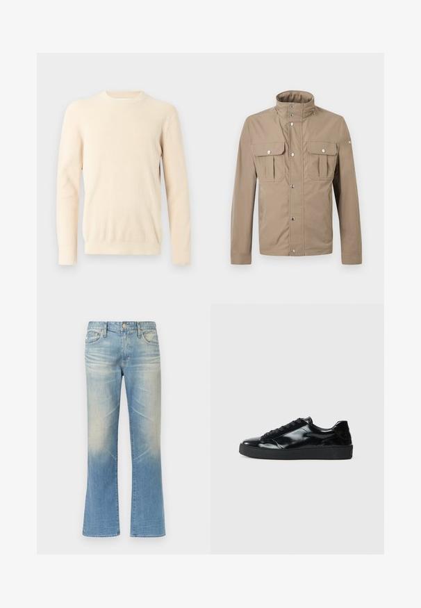 Veste beige pour homme avec col montant, boutons pression à l'avant, deux poches à rabat sur la poitrine avec boutons, et manches longues.; Pull à manches longues en tricot côtelé de couleur crème, avec encolure ronde et poignets ajustés, présenté sur un fond blanc uni.; Jean évasé en denim bleu clair avec une finition délavée, design à cinq poches, fermeture par bouton en métal et ourlets droits.; Baskets en cuir verni noir avec un bout arrondi, un laçage, une semelle en caoutchouc texturé et une finition lisse.