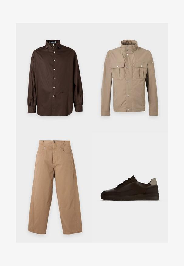 Chaqueta beige para hombre con cuello alto, botones a presión en la parte delantera, dos bolsillos con solapa y botón en el pecho, y mangas largas.; Camisa de manga larga marrón en una tela suave con un cuello clásico, cierre frontal de botones y puños elastizados; presenta un detalle de logo sutil.; Pantalones beige de pierna ancha con cierre frontal de botón y cremallera, dos bolsillos delanteros y costuras visibles sobre un fondo blanco.; Zapatilla baja de cuero marrón oscuro con cordones negros, suela gruesa y lengüeta de talón beige sobre un fondo claro y liso.