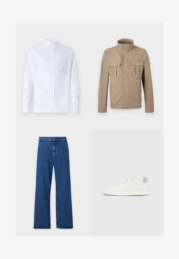 Veste beige pour homme avec col montant, boutons pression à l'avant, deux poches à rabat sur la poitrine avec boutons, et manches longues.; Chemise blanche à manches longues avec boutons en coton, présentant une poche poitrine avec broderie ton sur ton, un col et des poignets boutonnés.; Jean bleu à jambes larges avec passants de ceinture, fermeture à boutons et taille haute, présenté à plat sur un fond clair.; Baskets basses blanches avec un onglet de talon gris, des lacets blancs et une semelle texturée, présentées sur un fond uni clair.