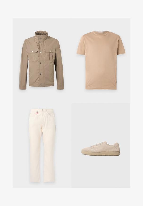 Veste beige pour homme avec col montant, boutons pression à l'avant, deux poches à rabat sur la poitrine avec boutons, et manches longues.; T-shirt beige à manches courtes avec col rond, ourlet droit et petite étiquette de marque à l'intérieur du col.; Pantalon beige à jambe droite avec cinq poches, passants pour ceinture, fermeture par bouton et un porte-clés rouge attaché à la poche avant gauche.; Baskets en daim beige avec un bout rond, des lacets plats et une semelle en caoutchouc texturé. Design minimaliste avec des bords lisses et des coutures discrètes.