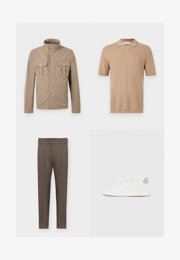 Veste beige pour homme avec col montant, boutons pression à l'avant, deux poches à rabat sur la poitrine avec boutons, et manches longues.; Polo beige à manches courtes avec un motif en maille texturée, patte à deux boutons et col plié.; Pantalon marron pour homme, coupe fuselée, avec plis, passants pour ceinture, fermeture à boutons et poches latérales sur fond blanc.; Baskets basses blanches avec un onglet de talon gris, des lacets blancs et une semelle texturée, présentées sur un fond uni clair.