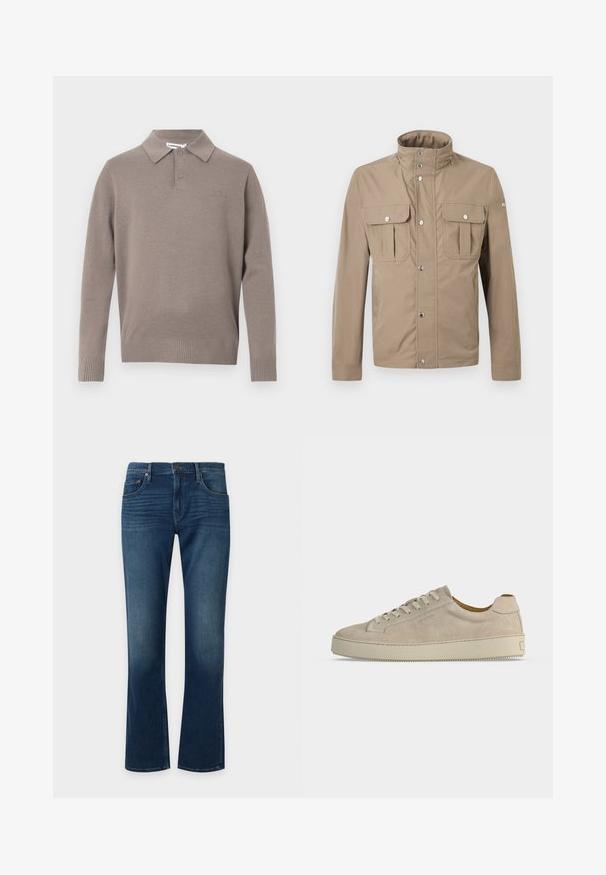 Beige herenjas met hoge kraag, drukknoopsluiting aan de voorkant, twee borstflappenzakken met knopen en lange mouwen.; Grijs gebreid polo sweater met een kraag, twee knopen en geribbelde manchetten en zoom, met een subtiele logo op de borst.; Blauwe jeans met rechte pijpen, voorzakken en knoopsluiting, met lichte vervaging rond de dijen en knieën.; Beige suède lage sneaker met vetersluiting en dikke rubberen zool, gezien vanaf de zijkant op een effen witte achtergrond.