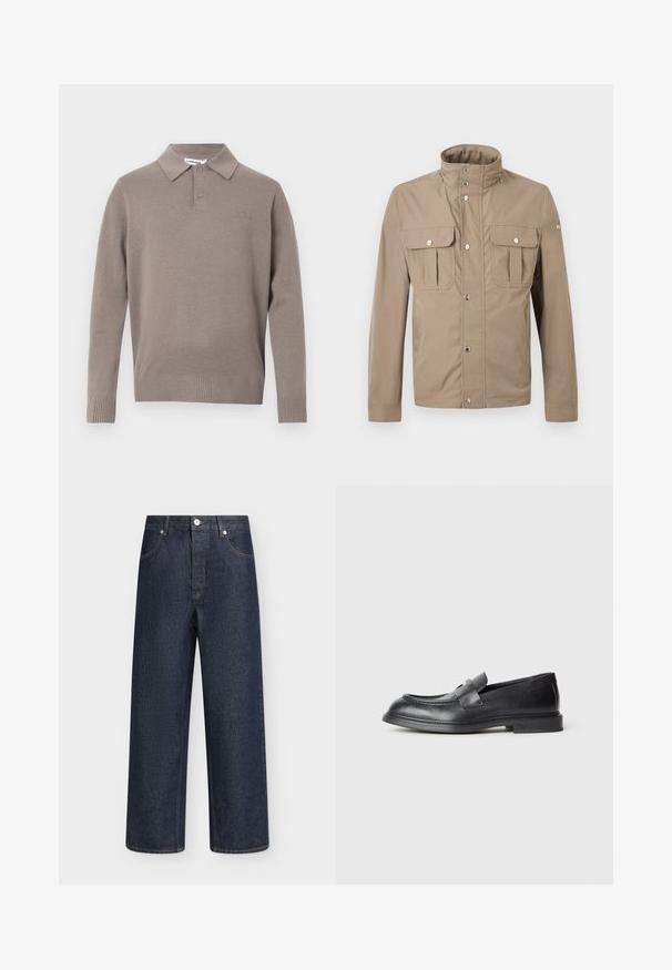 Veste beige pour homme avec col montant, boutons pression à l'avant, deux poches à rabat sur la poitrine avec boutons, et manches longues.; Pull polo gris en tricot avec col, deux boutons et poignets et ourlet côtelés, arborant un logo subtil sur la poitrine.; Jean large en denim bleu foncé avec bouton devant, fermeture éclair, passants de ceinture et poches, présenté sur un fond blanc uni.; Mocassins en cuir noir avec une finition texturée, dotés d'une bride décorative à l'avant et d'un bout arrondi. Semelle en caoutchouc pour plus de durabilité.