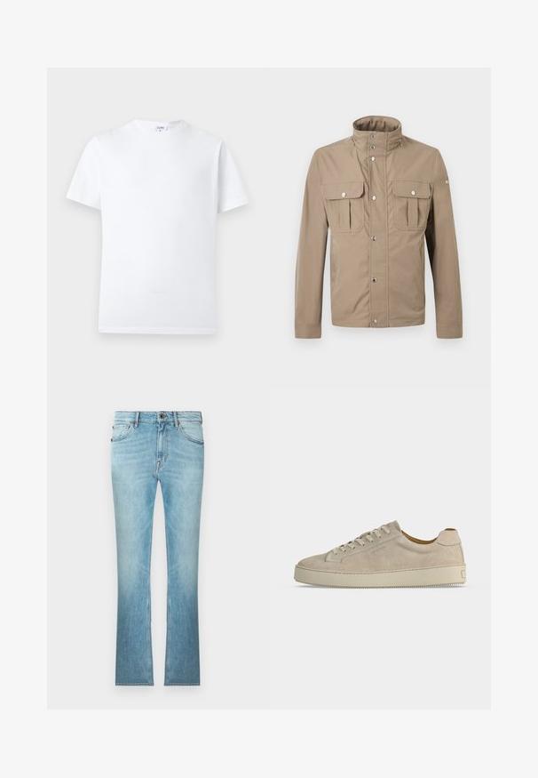 Beige men's jacket with high collar, front snap buttons, two chest flap pockets with buttons, and long sleeves.; Plain white short-sleeve crew neck T-shirt with a small interior label at the neckline, displayed against a neutral background.; Light blue straight-leg denim jeans with five pockets, belt loops, and a front button and zipper closure.; Beige suede low-top sneaker with lace-up closure and thick rubber sole, shown from the side on a plain white background.