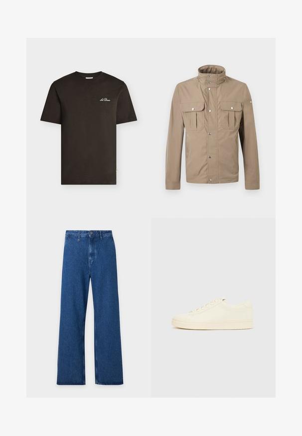 Veste beige pour homme avec col montant, boutons pression à l'avant, deux poches à rabat sur la poitrine avec boutons, et manches longues.; T-shirt noir à manches courtes avec petit logo blanc "Les Deux" sur la poitrine gauche, col rond, présenté sur un fond clair uni.; Jean bleu à jambes larges avec passants de ceinture, fermeture à boutons et taille haute, présenté à plat sur un fond clair.; Baskets couleur crème avec une tige en cuir lisse, bout arrondi, laçage à l'avant et semelle en caoutchouc texturée. Design minimaliste, sans logo.