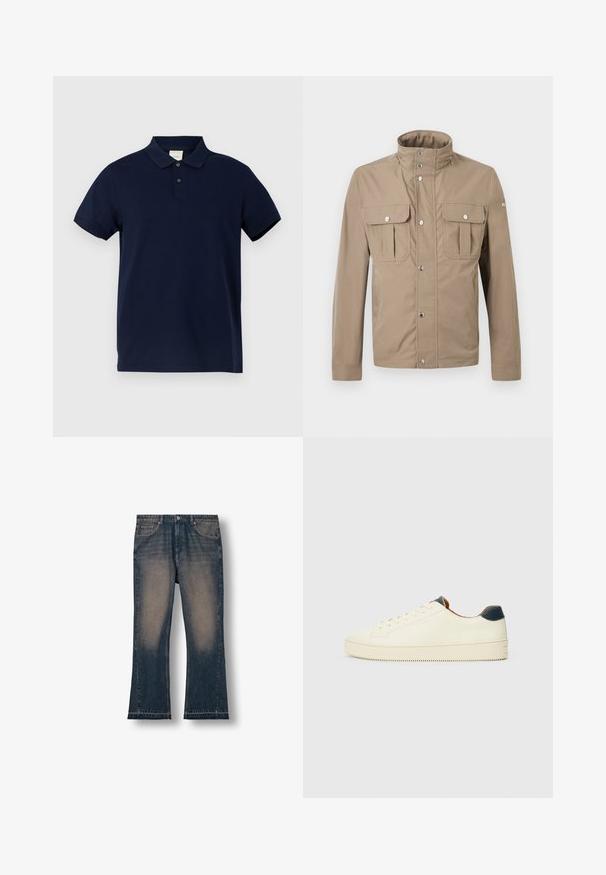 Chaqueta beige para hombre con cuello alto, botones a presión en la parte delantera, dos bolsillos con solapa y botón en el pecho, y mangas largas.; Polo de color azul marino hecho de algodón, con un collar clásico, tapeta de tres botones y mangas cortas. Logo sutil en el pecho.; Jeans de mezclilla acampanados en azul oscuro con muslos deslavados, cinco bolsillos y un dobladillo deshilachado. Tejido resistente con un corte clásico.; Zapatilla blanca de cuero con una superficie texturizada, punta redondeada y un acento en el talón de color azul marino. Presenta costuras laterales y una suela texturizada.
