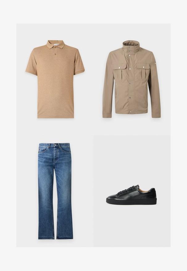 Veste beige pour homme avec col montant, boutons pression à l'avant, deux poches à rabat sur la poitrine avec boutons, et manches longues.; Polo beige à manches courtes avec deux boutons et un logo brodé discret sur la poitrine gauche, présenté sur un fond uni.; Jean en denim bleu avec une coupe droite, cinq poches, fermeture par bouton et zip, et légère décoloration sur les cuisses et les genoux.; Baskets en cuir noir avec une texture lisse, bout rond et fermeture à lacets. Comprend une semelle en caoutchouc épaisse et un minimum de détails de marque.