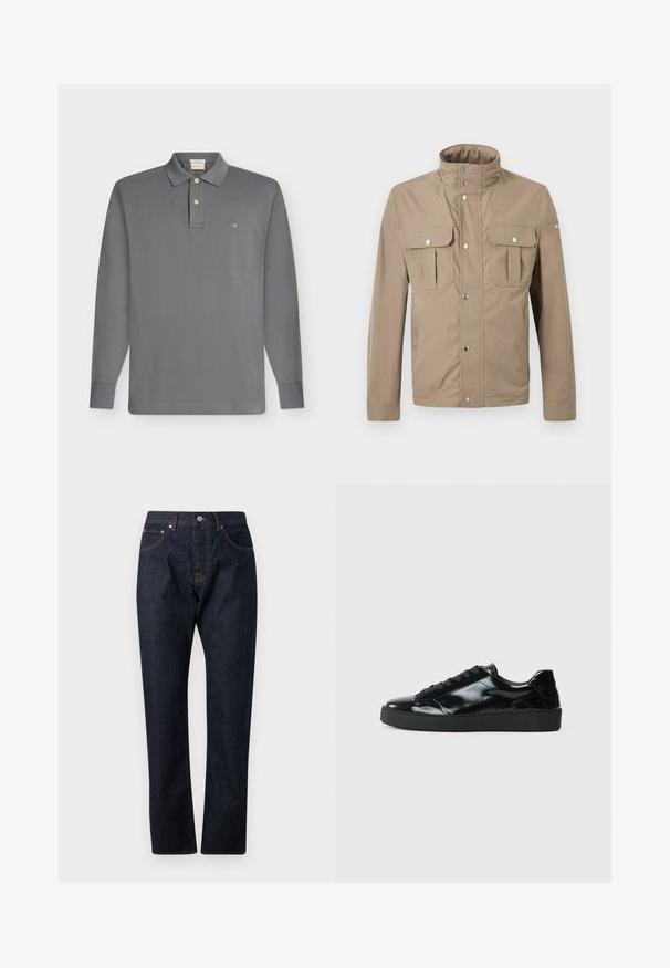 Veste beige pour homme avec col montant, boutons pression à l'avant, deux poches à rabat sur la poitrine avec boutons, et manches longues.; Polo gris à manches longues avec deux boutons, col classique et petit logo brodé en forme de bouclier sur la poitrine gauche.; Jean en denim bleu foncé à jambes droites avec un design à cinq poches et fermeture à boutons, vu de face sur un fond clair.; Baskets en cuir verni noir avec un bout arrondi, un laçage, une semelle en caoutchouc texturé et une finition lisse.