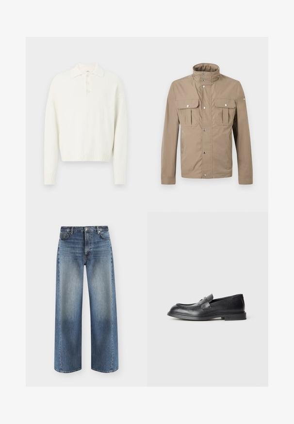 Beige herrejakke med høj krave, trykknapper foran, to brystlommer med klap og knapper samt lange ærmer.; Hvid pullover sweater med krave, tre knapper foran og ribbede manchetter og kant. Blødt, struktureret stof med en afslappet pasform.; Blå jeans med lige ben og udvaskede forpaneler, fem-lommer stil, knaplukning og bæltestropper på hvid baggrund.; Sorte læder loafers med en struktureret finish, der har en dekorativ frontrem og en rundet tå. Gummisål for holdbarhed.