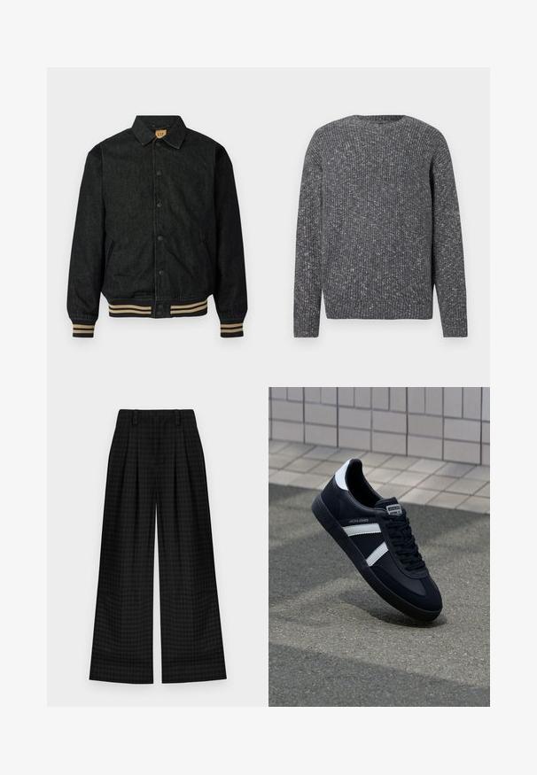 Zwarte denimjas met een knoopsluiting aan de voorkant, geribbelde manchetten en een elastische tailleband. Bevat een kraag en zijzakken.; Donkergrijze ribgebreide trui met lange mouwen, een ronde hals en een gespikkelde textuur.; Zwarte geruite wijde broek met plooien, voorzien van een gladde textuur en klassiek ontwerp. Lichtgewicht stof voor comfort.; Zwarte leren sneaker met witte strepen, een gestructureerde rubberen zool en vetersluiting aan de voorkant. Voorzien van een merklabel op de tong.