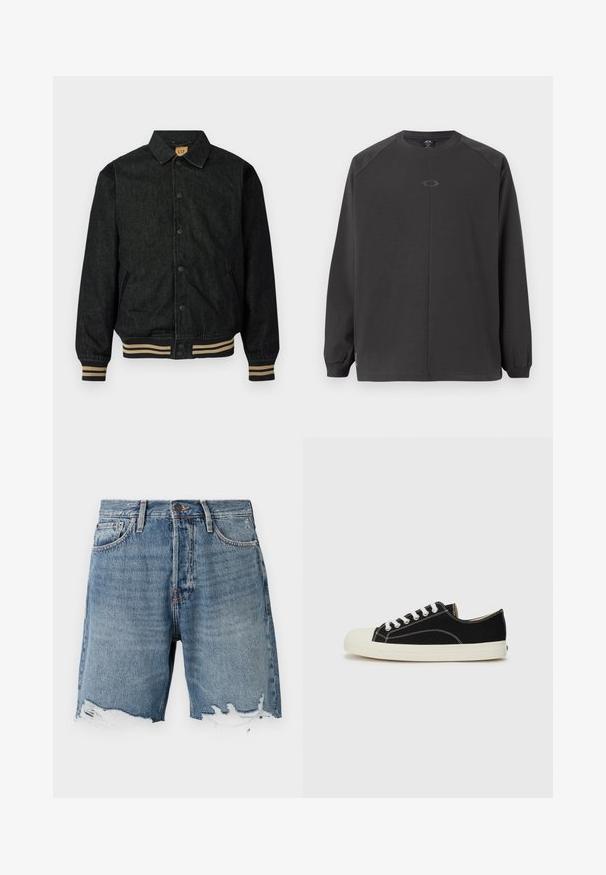 Sort denimjakke med knaplukning foran, ribbede manchetter og elastisk talje. Har krave og sidelommer.; Mørkegrå langærmet skjorte lavet af blødt materiale, med raglanærmer og et simpelt logo i midten. Mansjetterne er elastiske.; Lys blå denimshorts med en slidt kant, fem-lomme design og synlig syning. Har en knaplukning i taljen.; Sorte lærredssneakers med hvid syning, en rund gummitå, og hvide snørebånd. Har en tekstureret stofoverdel og en beige sål.